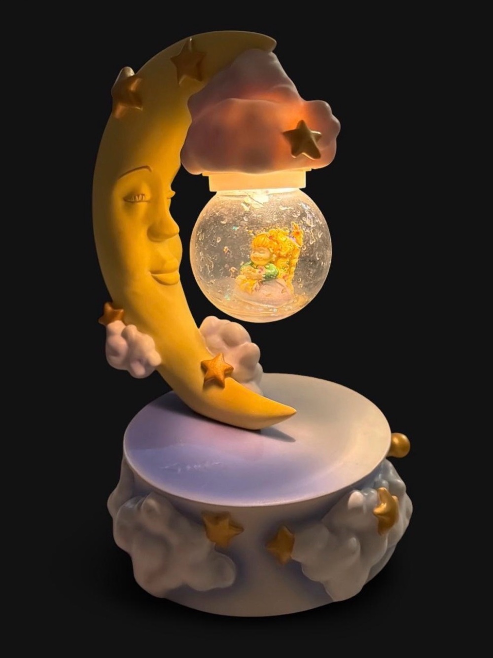 Vintage Lefton Celestial Crescent Moon Face Night Light Lighted Snow Globe Lamp